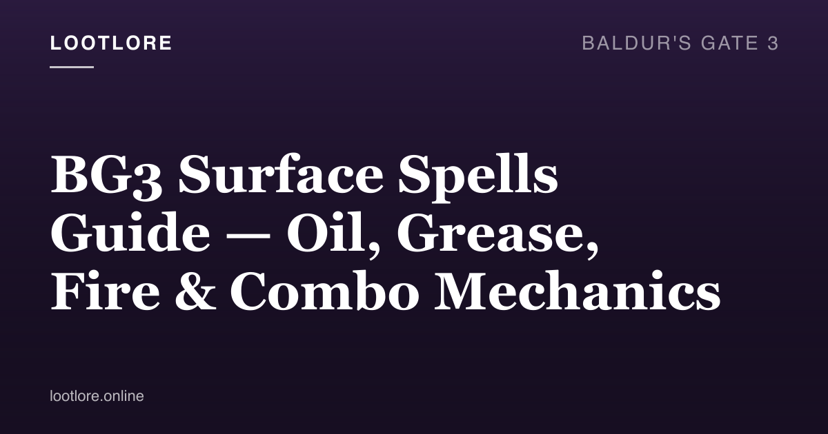 Baldur's Gate 3 guide cover for BG3 Surface Spells Guide — Oil, Grease, Fire & Combo Mechanics