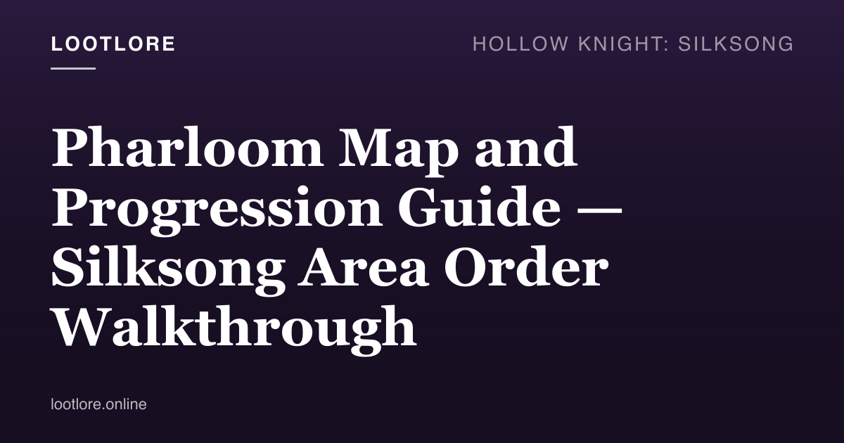 Pharloom map and progression guide for Silksong — Hornet overlooking the multi-region kingdom of Pharloom from a moonlit cliff