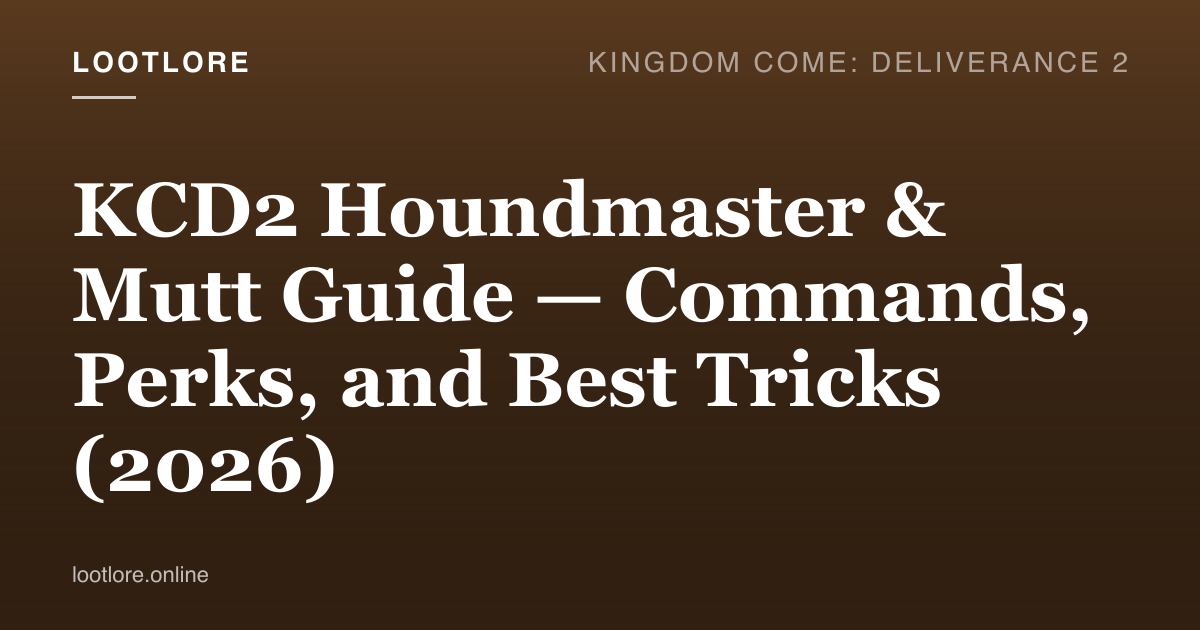 KCD2 Houndmaster guide — Henry whistling Mutt the dog companion who sits attentively on a forest path