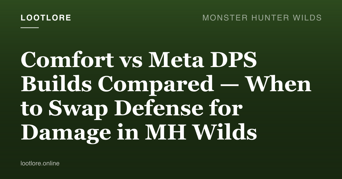 Two hunters in different armor setups facing a monster in Monster Hunter Wilds, illustrating comfort vs DPS build approaches